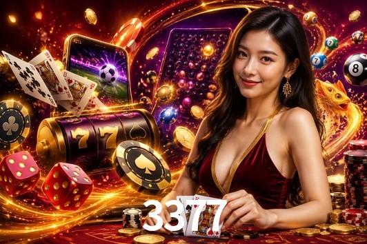 Una escena digital vívida inspirada en casino con 3377 mostrado prominentemente, luces brillantes, fichas, cartas y acentos dorados.